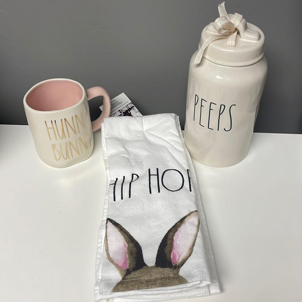 Rae Dunn peeps canister and kitchen towels